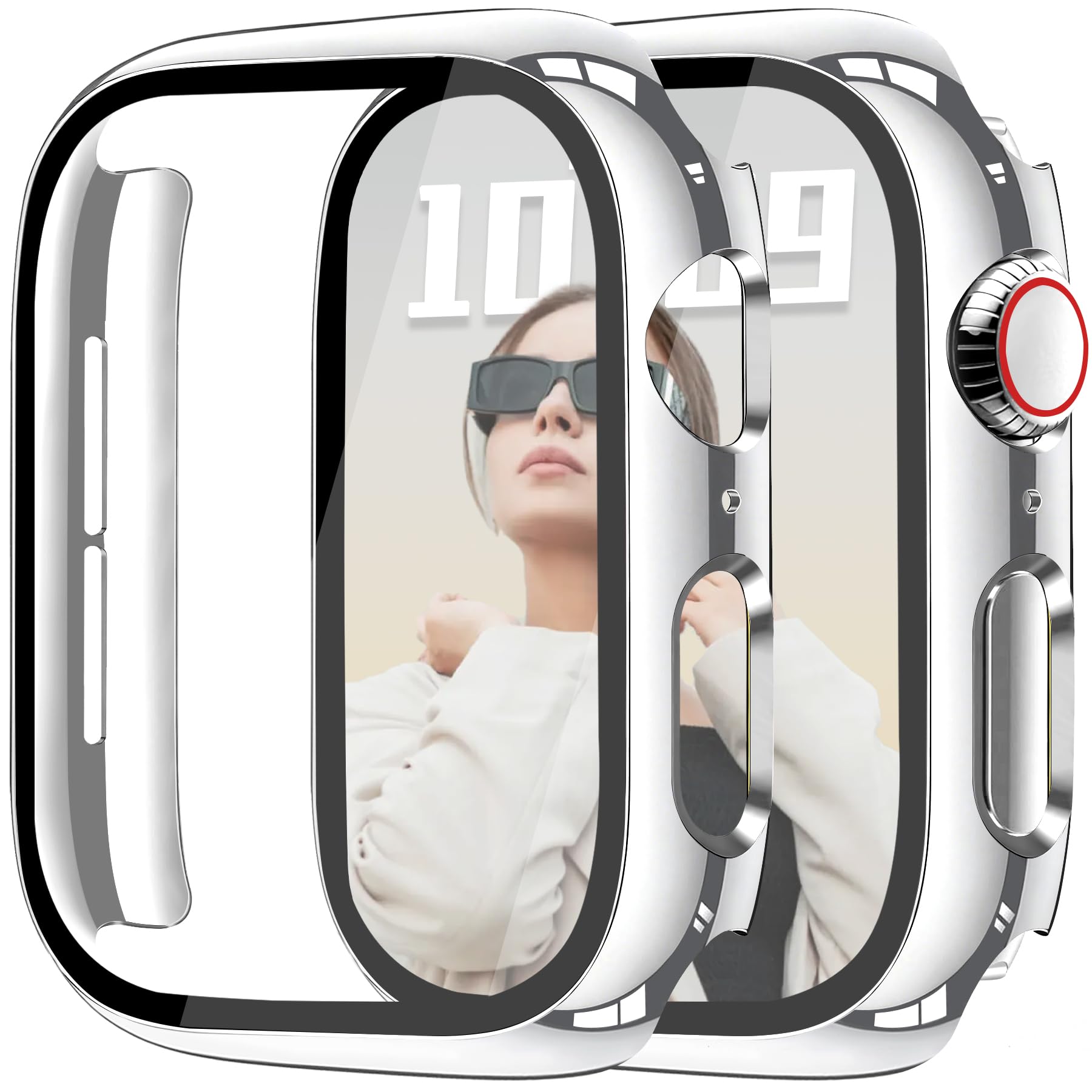 JR.DM 40mm 2 Pack Hard PC Case with HD Tempered Glass Screen Protector for Apple Watch Series 6/5/4/SE/SE2/SE3, Guard Bumper Full Protective Anti-Scratch Face Cover for iWatch, Glossy Silver+Clear