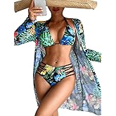 ChiaoLezhee Women's 3 Piece Tropical Bikini Set with Mesh Coverup, Sexy Crisscross Cutout Swimsuits for Pool Party