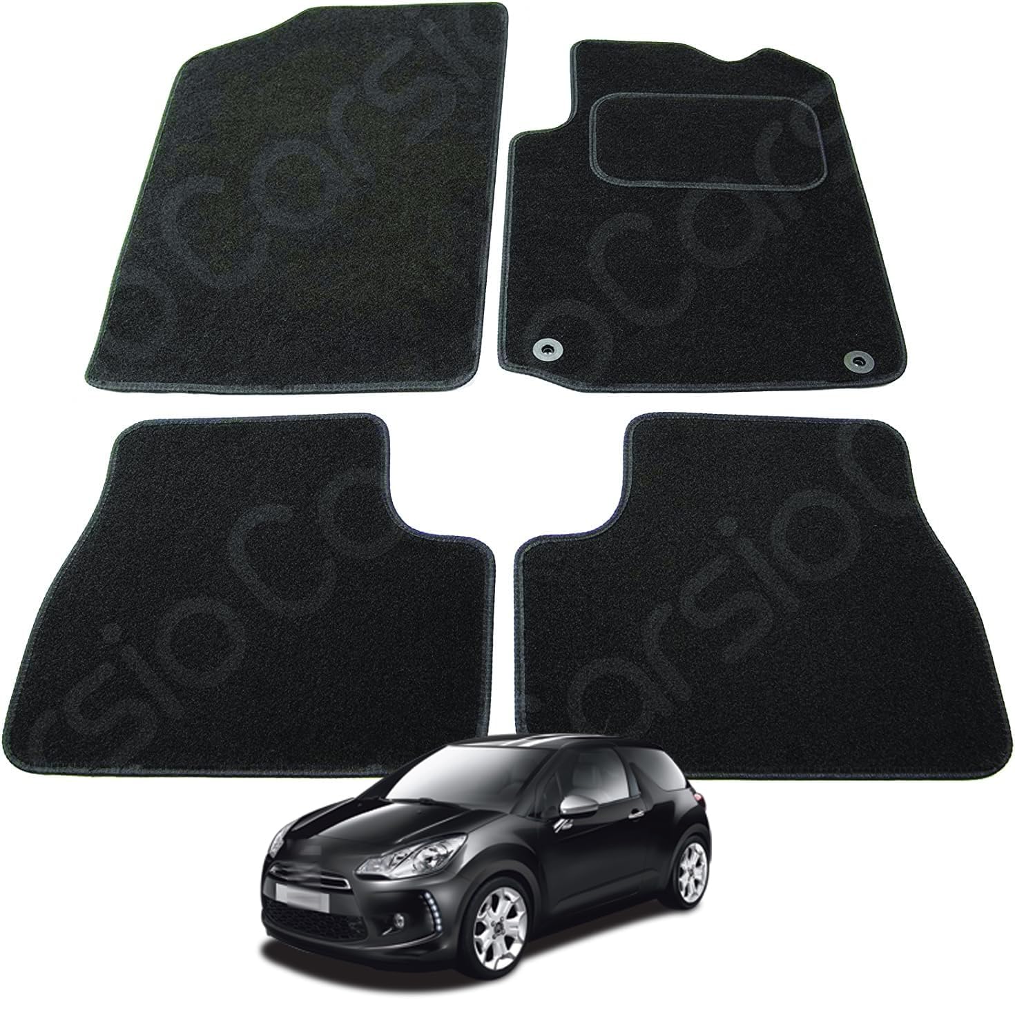 Carsio Carpet Car Mats For Citroen DS3 / DS DS3 2009 to 2018 4 Piece Set with 4 Clips Tailored Fit Floor Mat Complete Accessory Black Custom Fitted - All Weather, Anti-Slip Backing & Black Trim