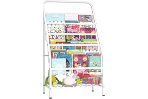 JAQ Kids Bookshelf, 4-Tier Metal Sling Kid Display Bookshelves Bookcase with Toy Storage in Baby Corner Library Room Classroom Playroom for Toddlers Nursery Children (4-tier/28.35inch, White)