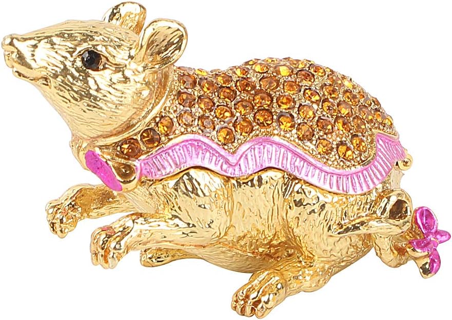 MICG Bejeweled Rat Mouse Animal Mascot Figurine Statue Trinket Jewelry Box Hand-Painted Collectible Ring Holder (Golden Diamond)