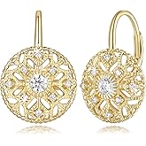 Eloqueen 14K Gold Drop Earrings Dangle Earrings for Women Leverback Dangle with Cubic Zirconia with Engraved Details 14K Gold Earring for Women 14/16mm