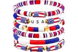 Ronglry 4th of July Bracelets Red White and Blue Bracelets USA Clay Bead Bracelet American Flag Bracelets Patriotic Beaded Stackable Bracelet Summer Beach Heishi Surfer Bracelet Set 4th of july Accessories for Women Men Independence Day Gifts