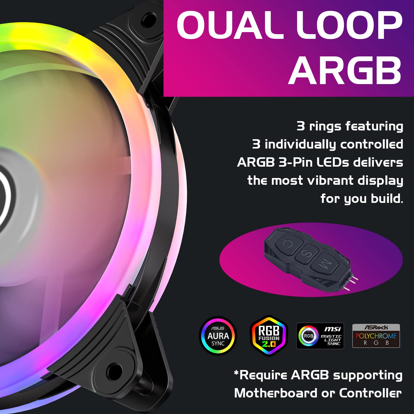 DS Computer Case Cooling Fan for PC Cases, 120MM LED RGB Fan Compatible with ASUS Aura Sync or MSI Mystic Controlfor for Water Cooler System or Radiators (2Pack RGB Fans, A Series)