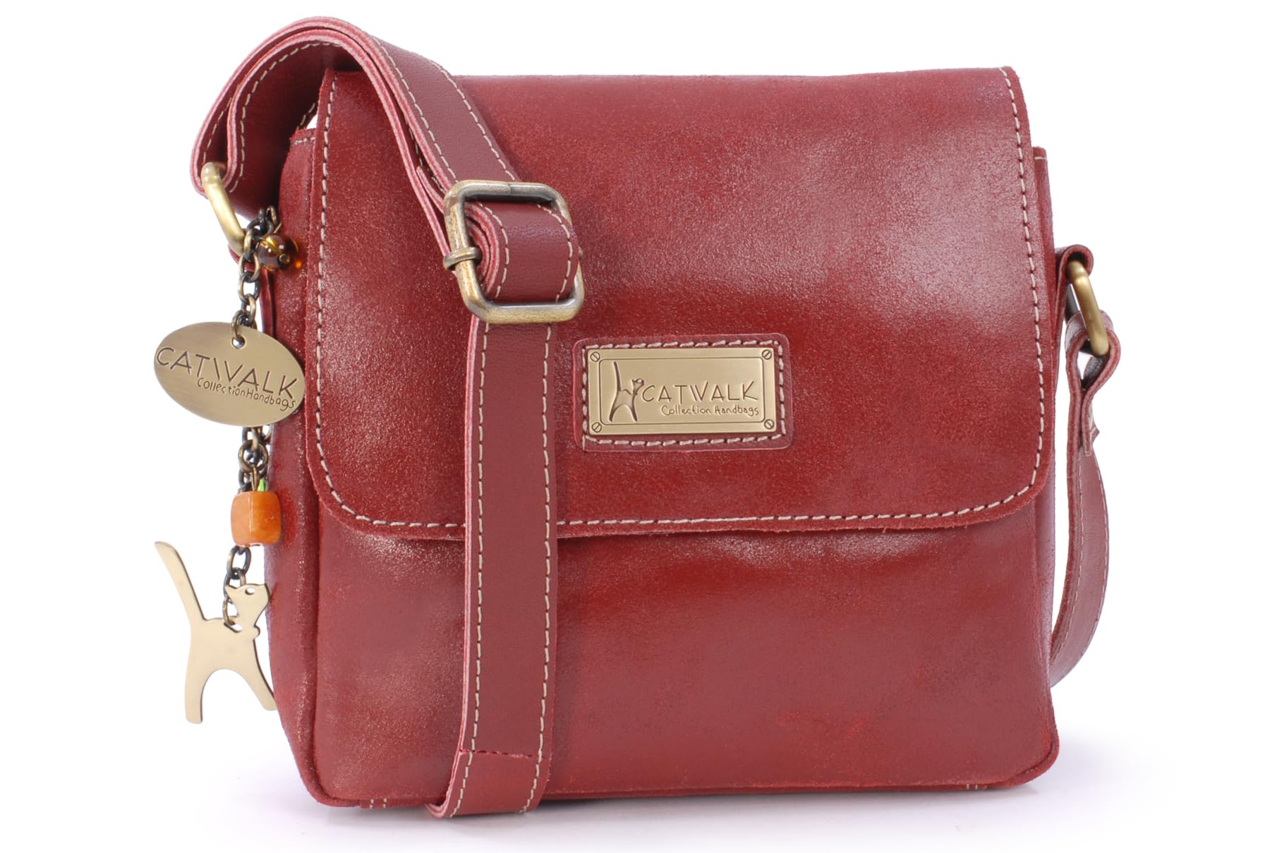 Catwalk Collection Handbags - Ladies Small Distressed Leather Cross Body Bag - Women's Messenger Bag - Adjustable Crossbody Strap - Sabine S - Red