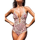 CUPSHE Women's One Piece Swimsuit Halter Plunging Neck Cutout Back Bathing Suit Spaghetti Adjustable Straps O Ring