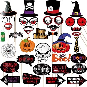2020 Halloween Large Photo Booth Props(35pcs) for Halloween Party Supplies, Creepy Costume Props with Sticks for Halloween Decorations, Black, Red Trick or Treat Décor Favor