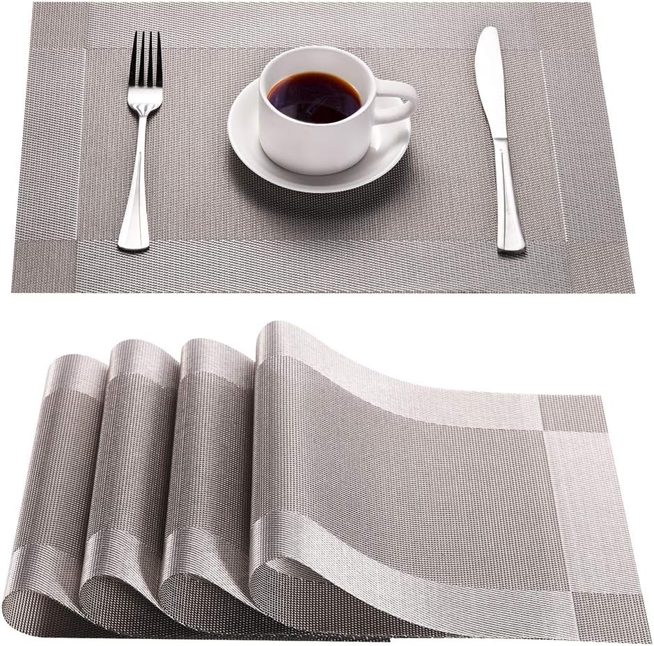 Syntus Placemats, Silver Grey PVC Woven Vinyl Table Mats Washable Non-Slip Heat Resistant for Kitchen Dinning Table Thanksgiving & Christmas, Set of 4: Home & Kitchen