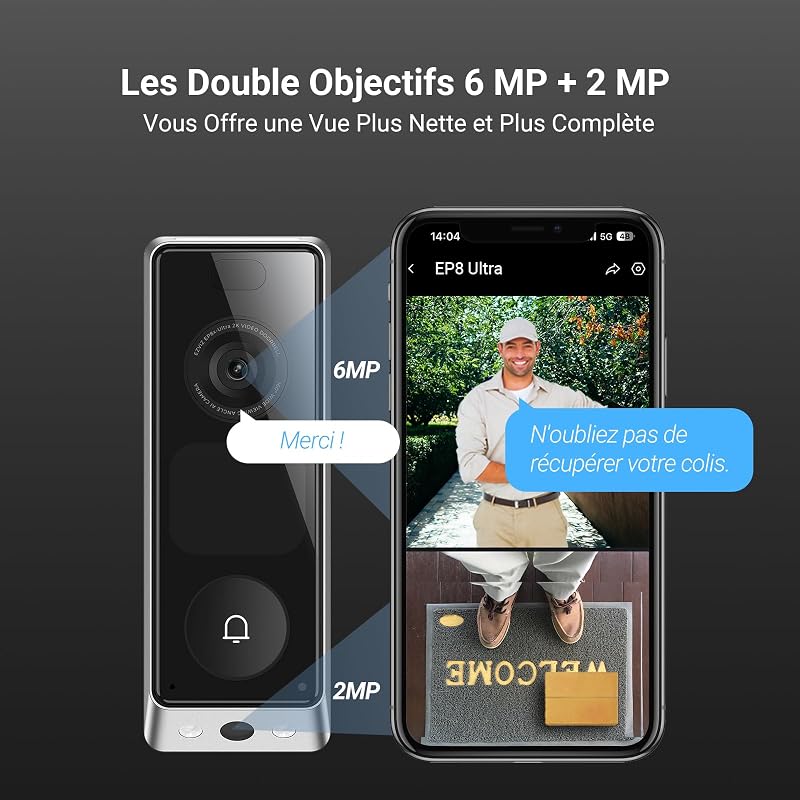 6MP+2MP Sonnette sans Fil avec Camera Double et Carillon EP8 Ultra