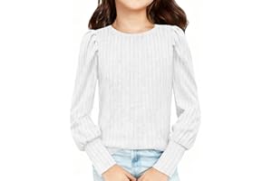 Girls Puff Long Sleeve Shirts Kids Ribbed Knit Blouses Crewneck Pullover Sweater Tops 5-14 Years