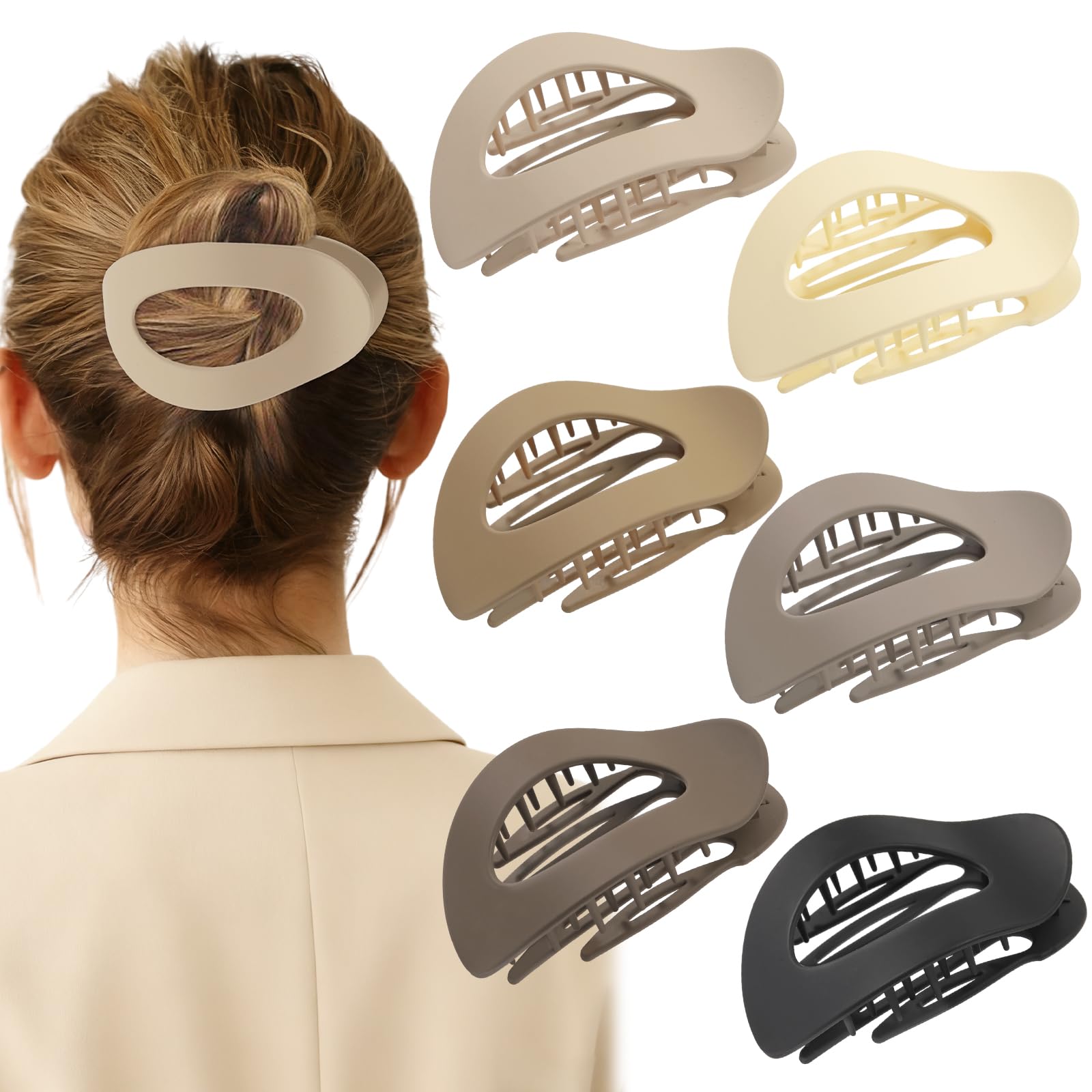 Photo 1 of 6 PCS Flat Hair Clips for Women, Medium Flat Hair Clips, Flat Claws Clips for Thick Thin Hair, Hair Claw Clips with Secure Hold Double Inner Teeth, Lay Down Claw Clip, Classic Hair Barrettes
