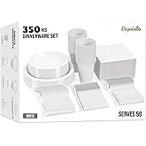 Party Solids 350 Pieces White Plastic Plates For Party, White Disposable Plates Set, 50 Of Each 9" Dinner Plate Set, 7" Dessert Plate, Cups, Napkins & Cutlery Plastic Dinnerware