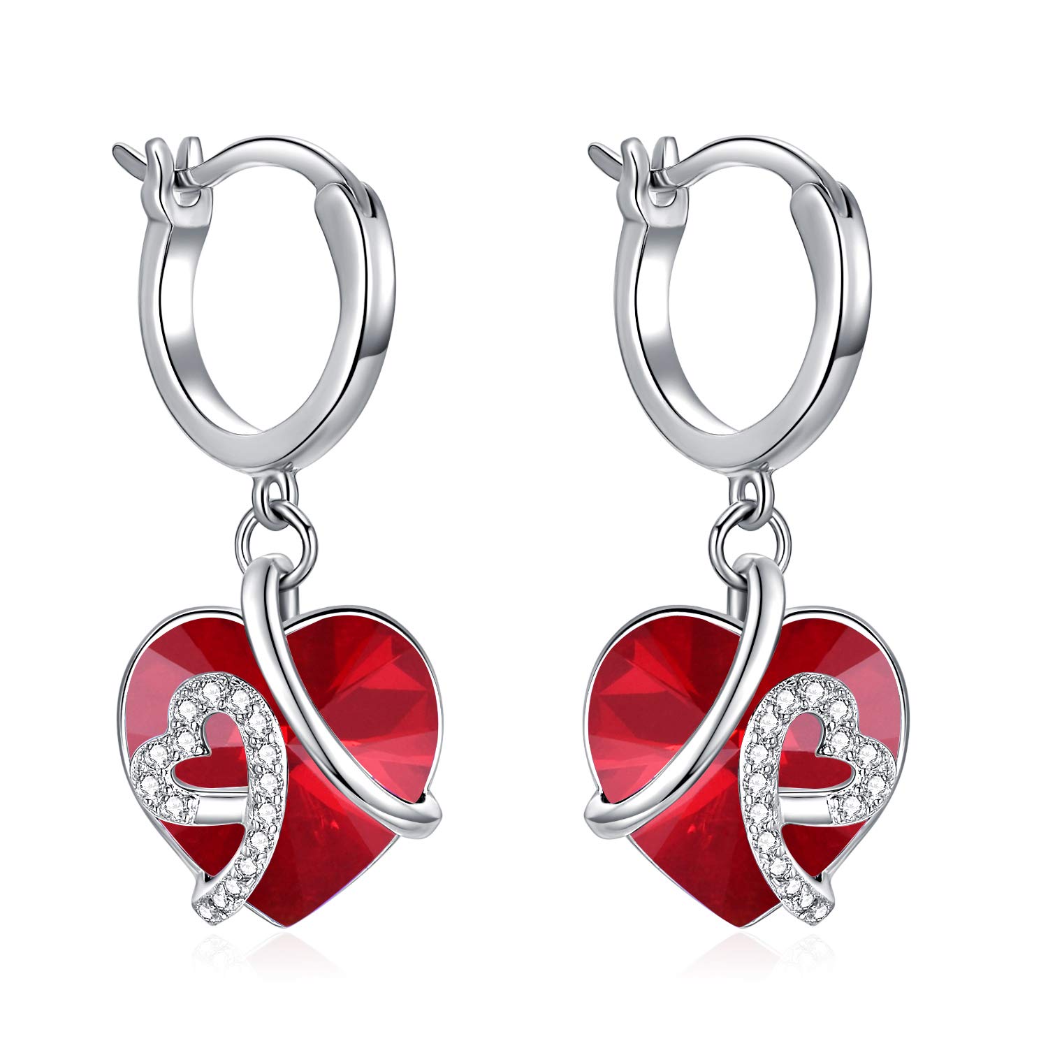 AOBOCO Hoop Dangle Earrings for Women 925 Sterling Silver Drop Earrings with Red Heart Love Crystals Christmas or Birthday Birthstone Jewellery Gifts for Wife Girlfriend (Red) — image 1