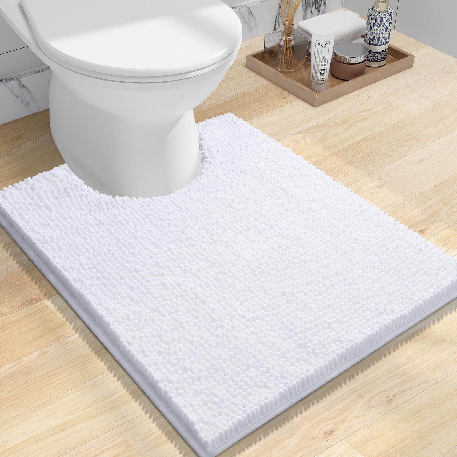 smiry Non-Slip Toilet Mat Extra Soft Absorbent Pedestal Mat for Toilet Thick Shaggy Chenille Bath Mat Machine-Washable Dry Bathroom Floor Mat, 50 x 60 cm, White