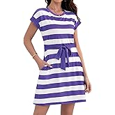 Wsheliu Women's Summer Dresses 2025 Striped Cap Sleeve T Shirt Crewneck Casual Dress A Line Tie Waist with Pockets