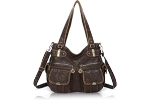 Angel Kiss Women's Designer Handbag Large Double Zipper Multi Pocket Washed Leather Purse