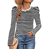 MEROKEETY Women's Puff Long Sleeve Striped Tops Crew Neck 2025 Fall Casual Knit Basic Tee Shirts