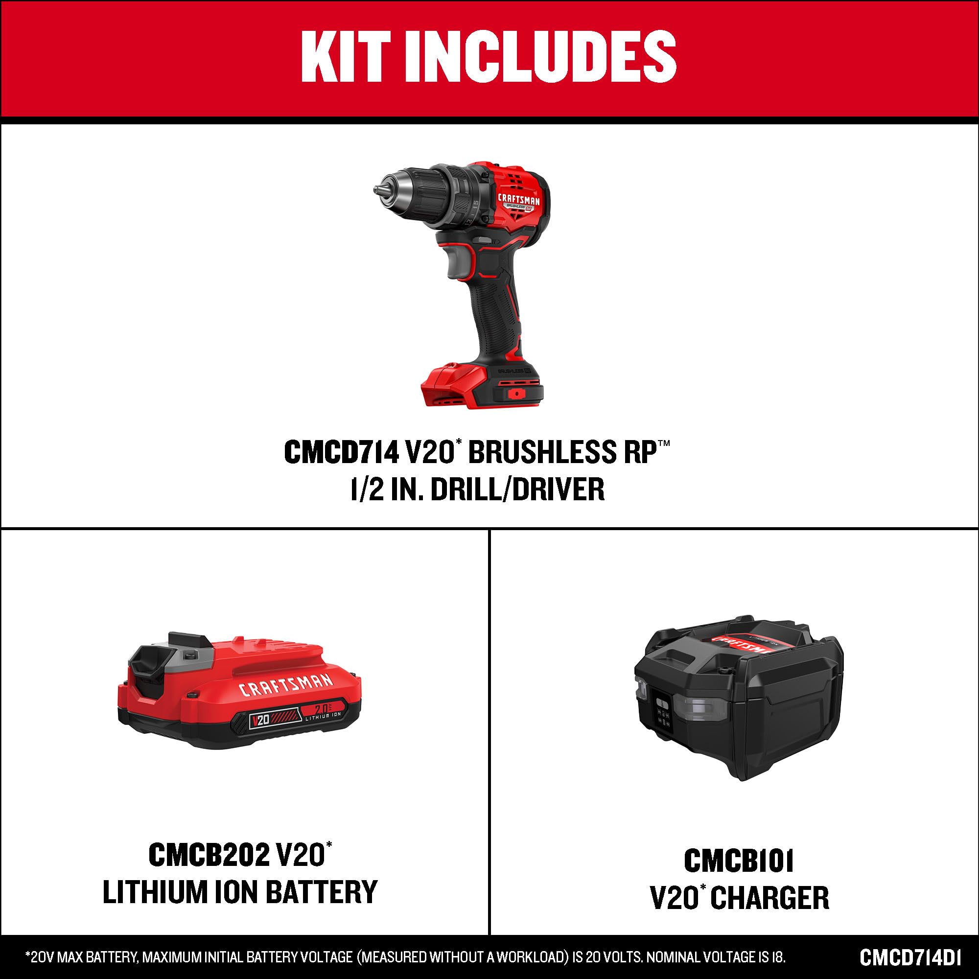 CRAFTSMAN V20 BRUSHLESS RP Compact Drill/Driver, Variable Speeed Trigger, Built In LED, Includes Battery and Charger (CMCD714D1)
