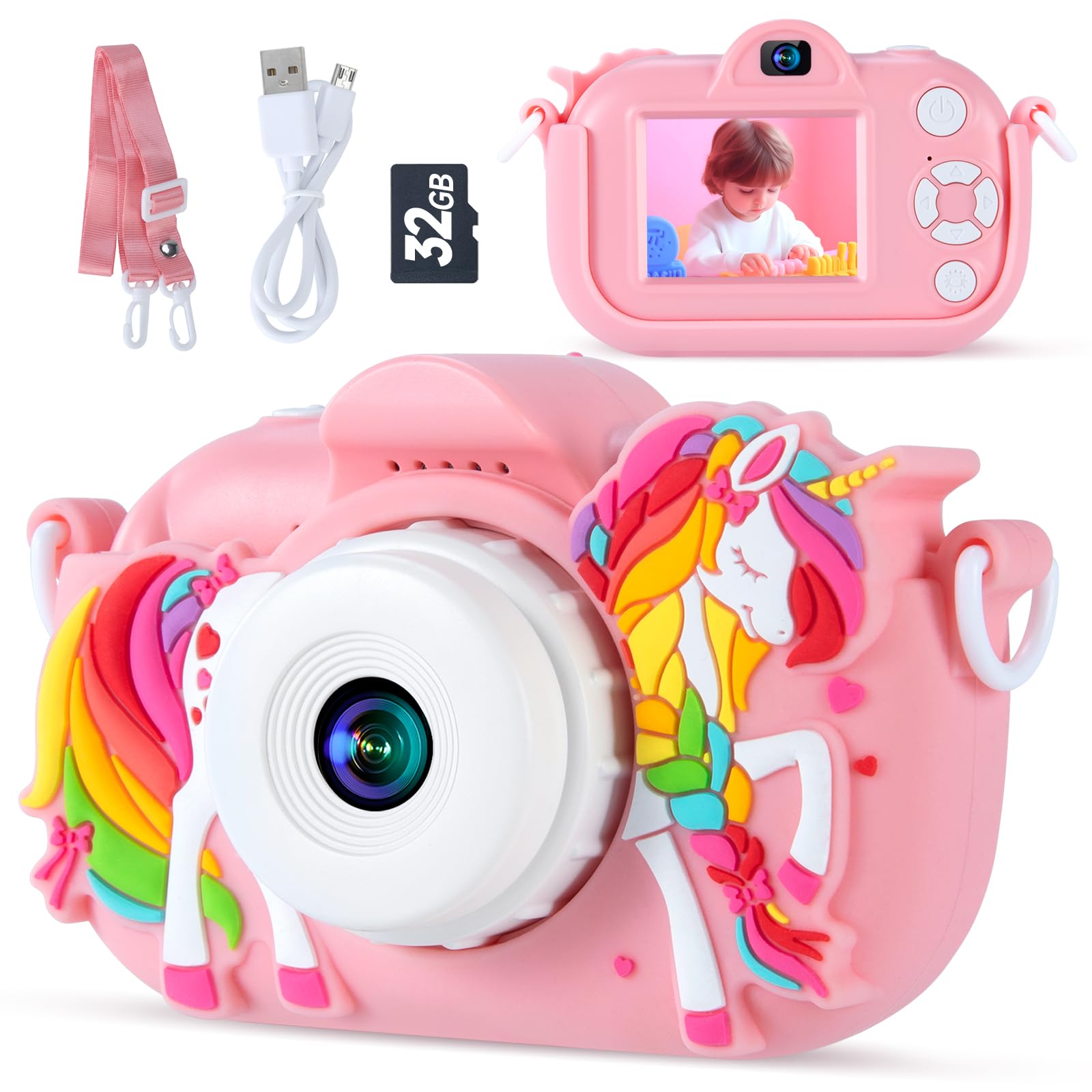 Photo 1 of ***MISSING ACCESSORIES** Kids Camera for Girls Ages 3-8, Toddler Camera with 1080P Video and 32GB SD Card, Cute Digital Camera for Kids for 4 Year Old Girl