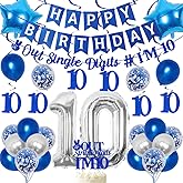 JOYMEMO 10th Birthday Decorations Blue - Peace Out Single Digits Tenth Birthday Party Supplies with Hanging Swirls & Paper Glitter Banner Cake Topper