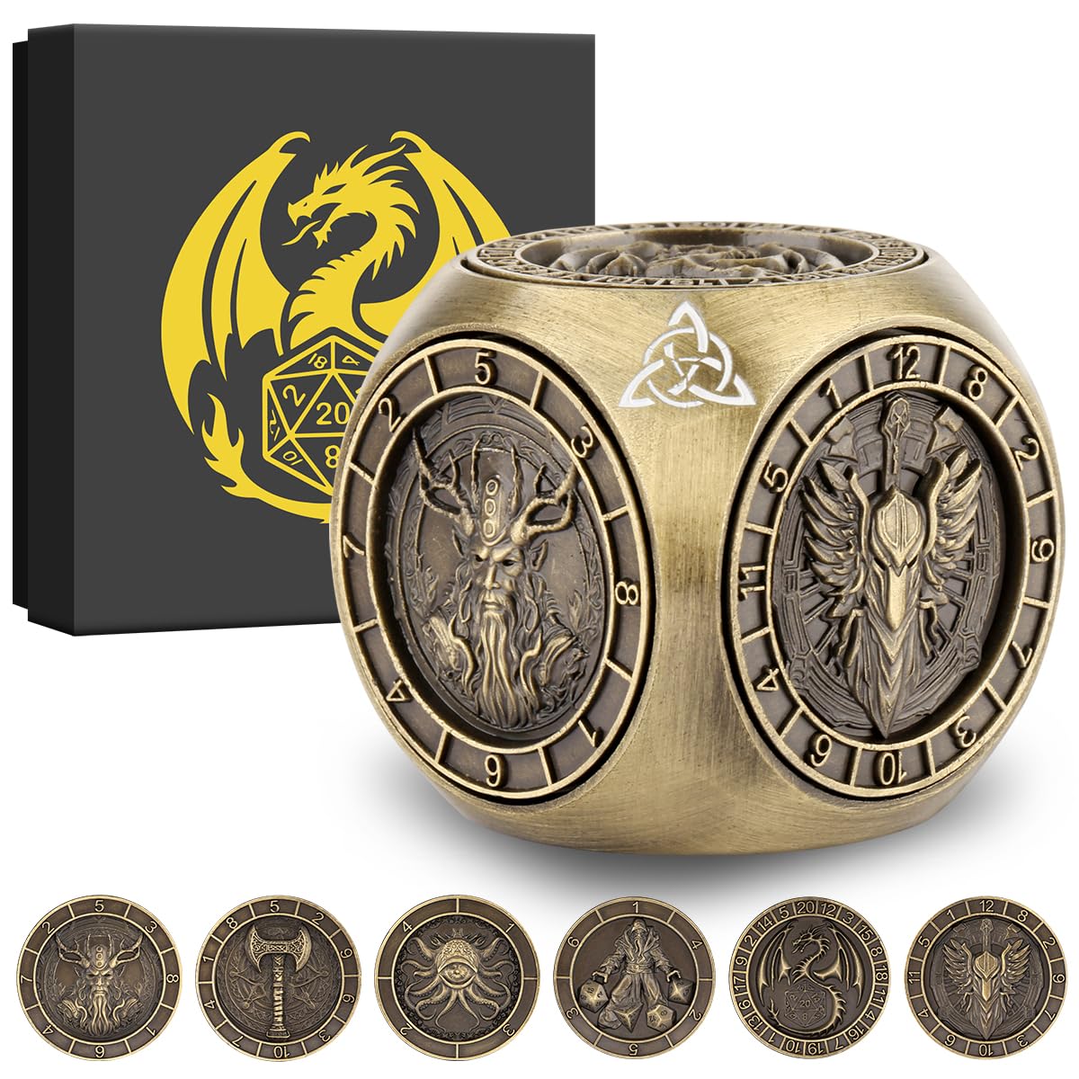 DND Fingertip Spinner Dice, 7-in-1 Metal Dice Set with 3D Pattern, Polyhedral Rotating Game Dice, for DND Gifts with Dragon Logo Gift Box, Role Playing Board Game Accessories, Bronze