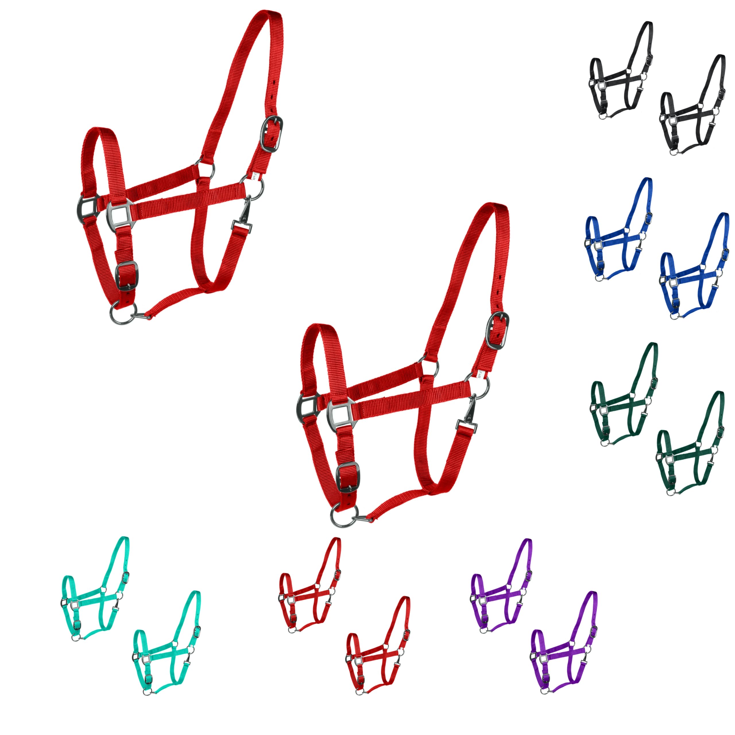 Majestic Ally Pack of 2 Adjustable Headcollar for Horses–Adjustable Chin and Crown– Sewn-in Throat Snap Hook- Full (Red, Full)