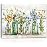 WLHARTT Rustic Bathroom Wall Decor, Green Flower Watercolor Bottles Wall Art, Farmhouse Country Floral Retro Wood Boards Canvas Painting Prints for Bathroom, Bedroom Framed Ready to Hang 16"x12"