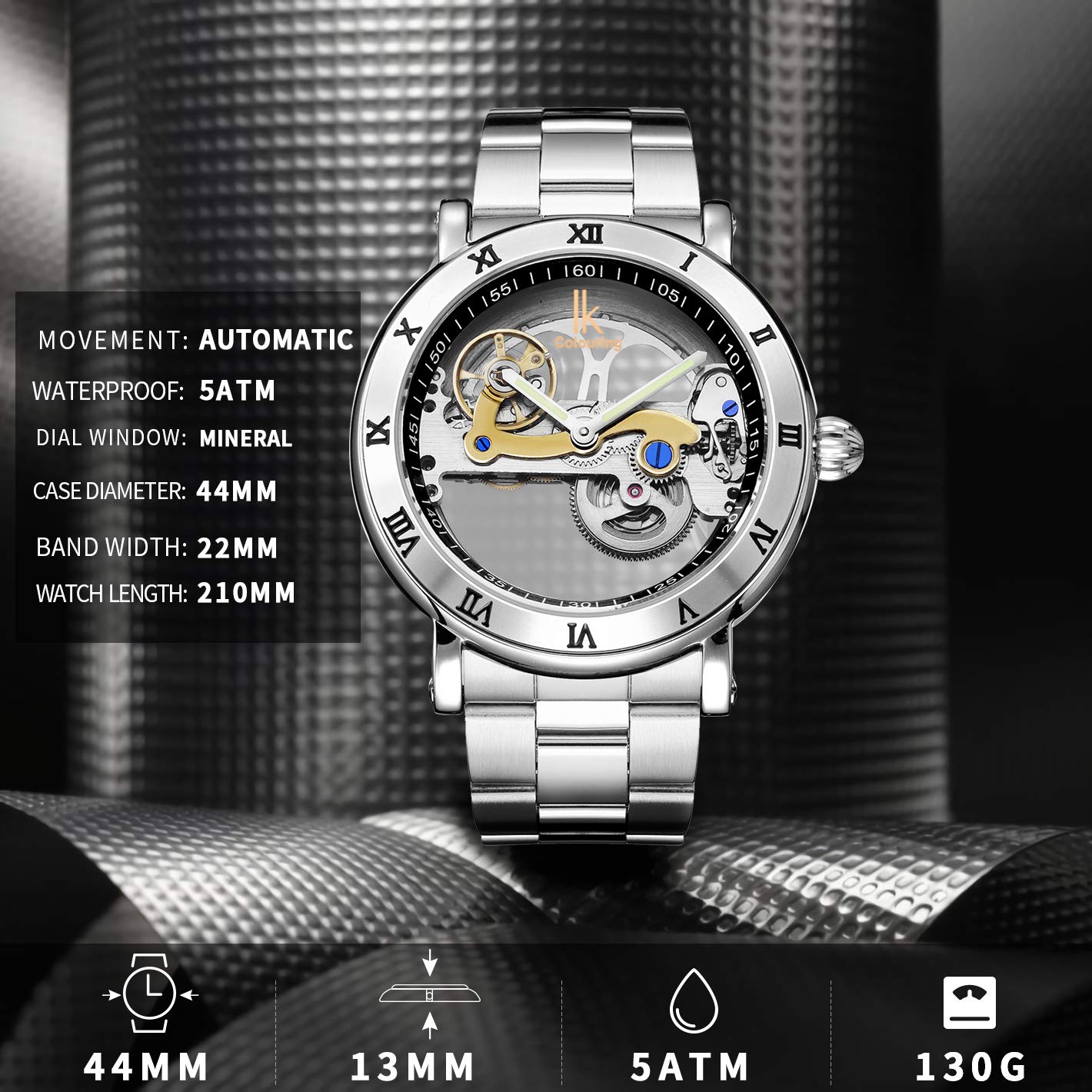 Gute Men's Watches, Mechanical Automatic Self-Winding Waterproof Watch, Luxury See Through Hollow-Out Minimalist Transparent Steampunk Roman Numerals Silver Case Wrist Watch