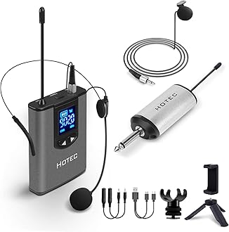 Hotec UHF Wireless Headset Microphone/Lavalier Lapel Mic with Bodypack Transmitter and Mini Rechargeable Receiver 1/4" Output, For Live Performances, Support Phone