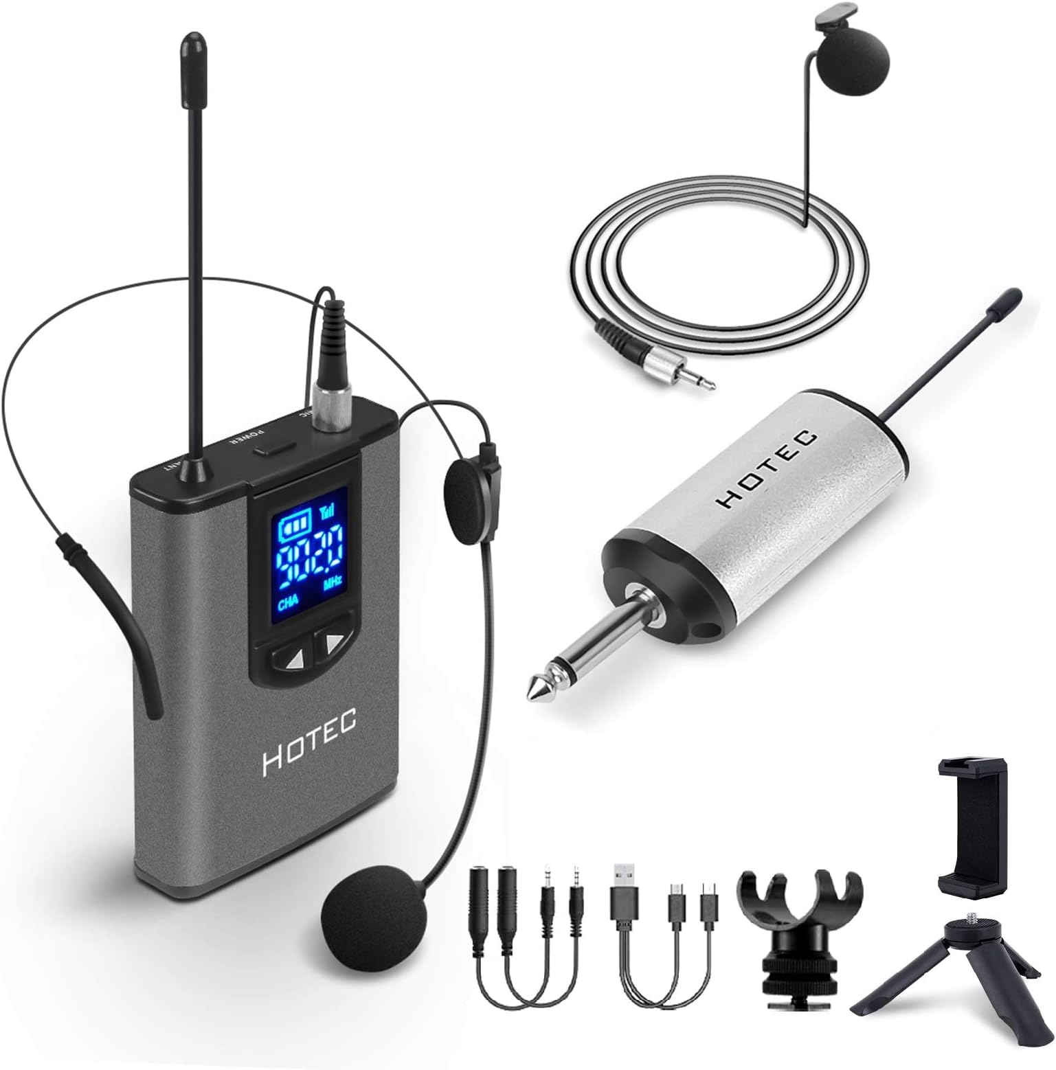 Hotec UHF Wireless Headset Microphone/Lavalier Lapel Mic with Bodypack Transmitter and Mini Rechargeable Receiver 1/4" Output, For Live Performances, Support Phone