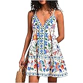 OYOANGLE Women's Tropical Floral Sleeveless Flowy Short Dress V Neck Criss Cross Backless Boho Sundress