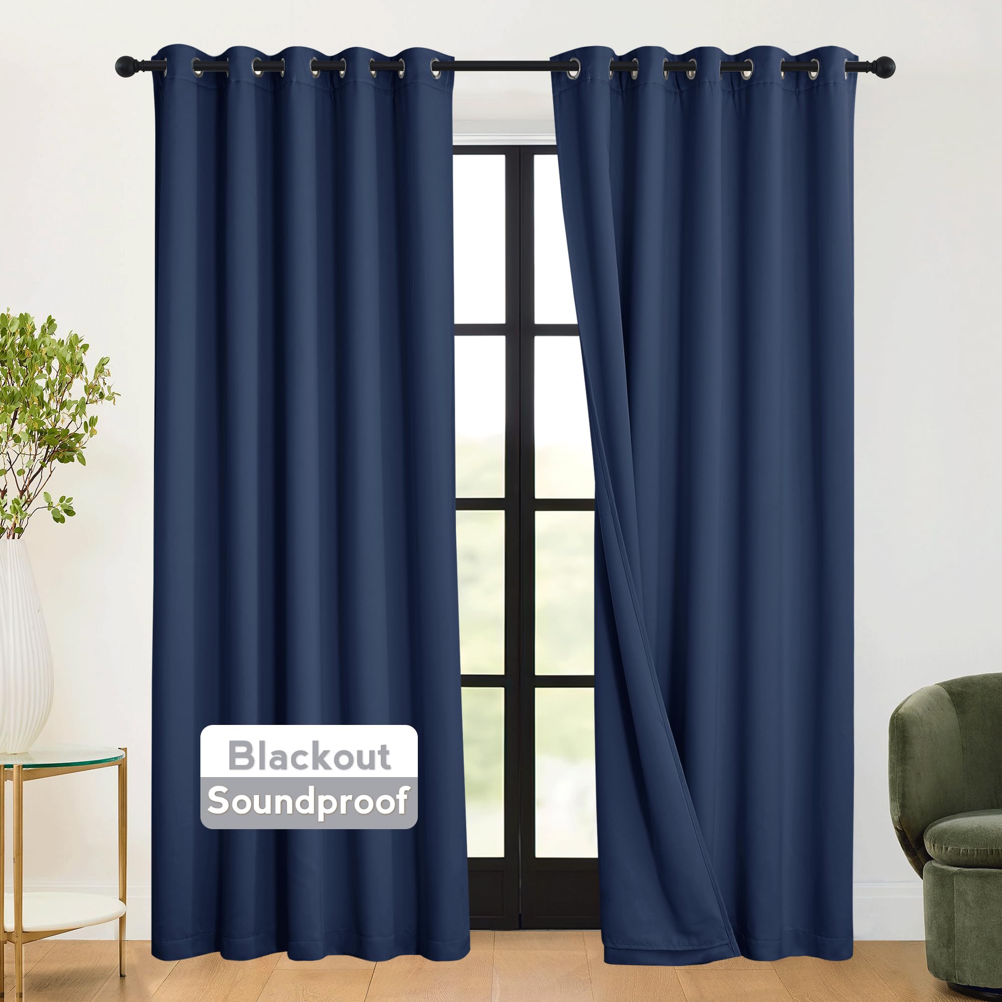 Photo 1 of RYB HOME 3-in-1 Soundproof - Blackout - Energy Saving Curtains for Bedroom, Soundproof Blanket Curtains for Living Room Boy Nursery Patio Door, Navy Blue, W 62 x L 95 inches, 2 Panels