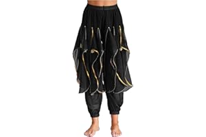 YOOJOO Women's Belly Dance Costume Ruffle Dance Harem Pants Tribal Arabic Halloween Pants with Gold Trim
