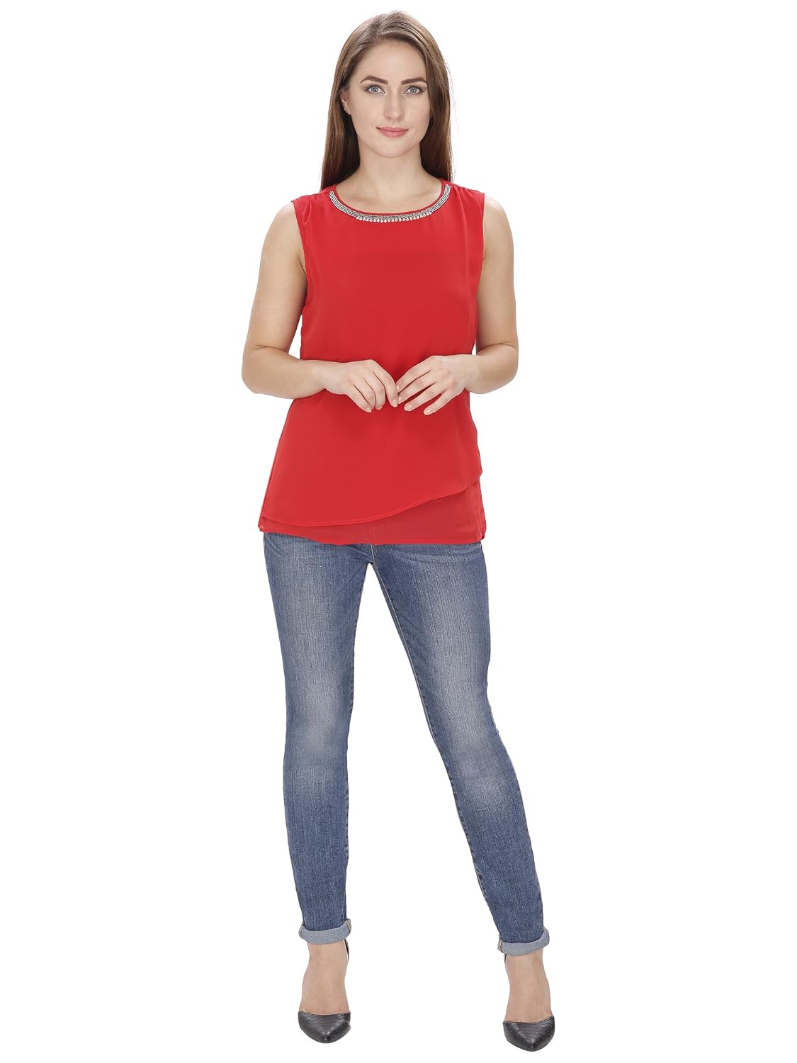mansicollections casual sleeveless embellished red top for women