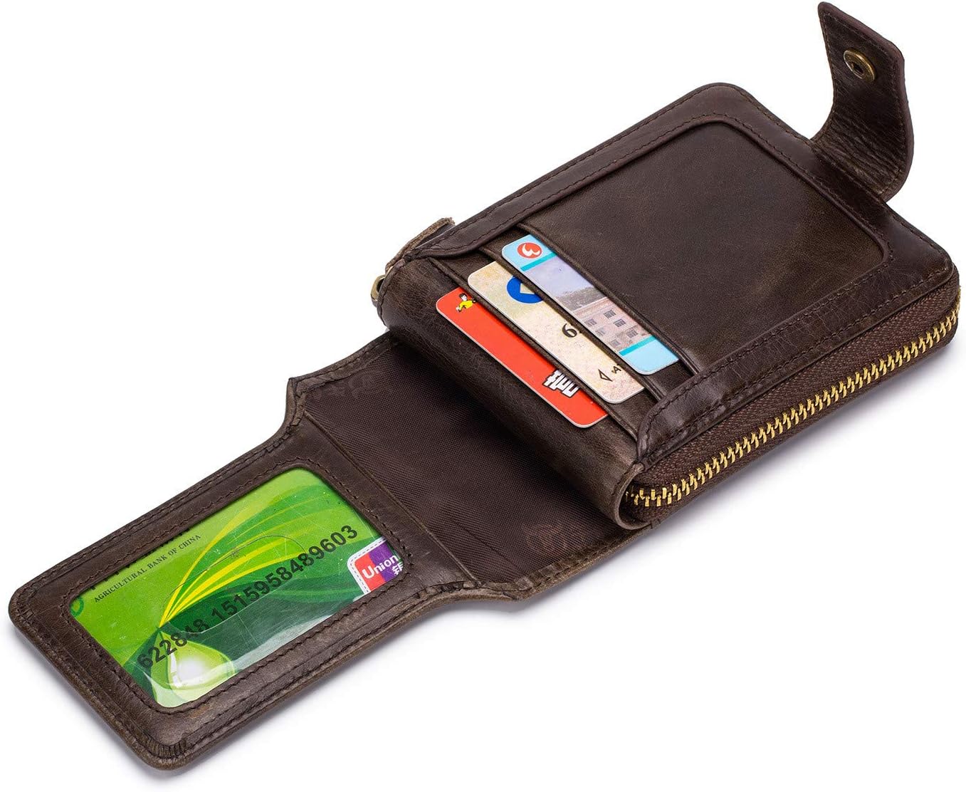 Mens Leather Bifold Wallet,Large Capacity Zipper Card Holder Wallets with ID Window and RFID Blocking