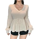 GORGLITTER Women's V Neck Peplum Sweater Dressy Tie Front Long Sleeve Knit Babydoll Tops Trendy Fall Outfits