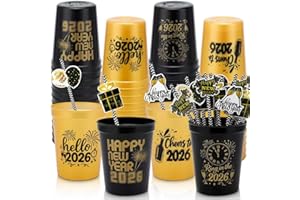 Ainibar 24 Pack New Year 2026 Party Cups - 16oz Black & Gold Plastic Stadium Tumblers with 24 Paper Straws, Festive Designs for NYE Celebrations, Holiday Party Supplies