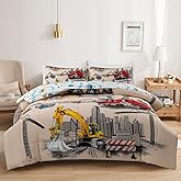 Holawakaka Trucks Tractors Cars Boy Bedding Comforter Set with Sheets, Twin Size Cartoon Construction Car Excavator Print Kids Bed in A Bag 5-Piece, Boys Reversible Dorm Bed Sets (Camel Twin)