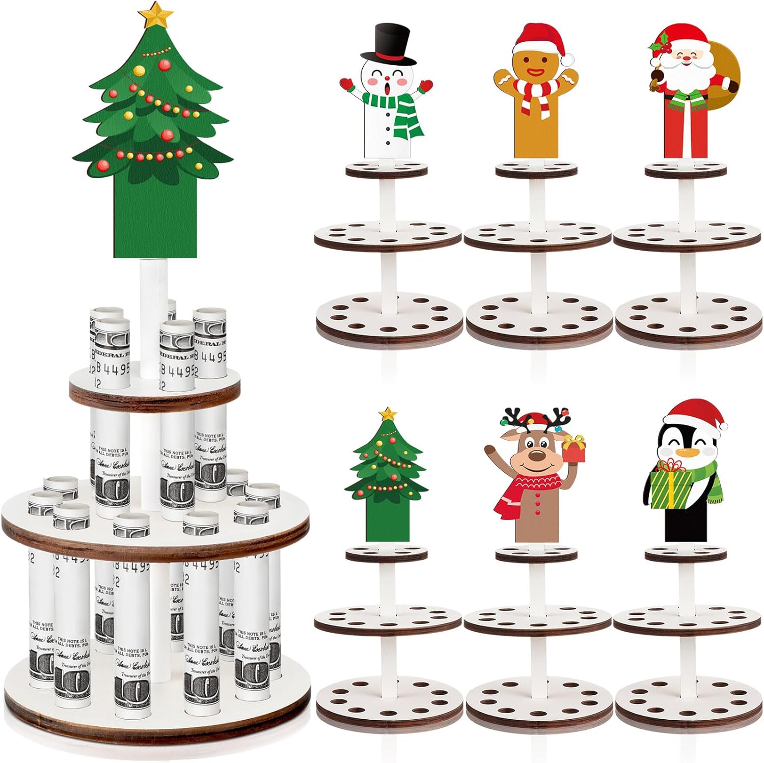 Tree Stands - Thyle 6 Pcs Christmas Money Holder Multi Layer Cash Cake with Holes Christmas Card Holder Stand Snowman Deer Gingerbread Man Decorative Ornaments for Christmas Money Cash Cards Holder, 6 Designs