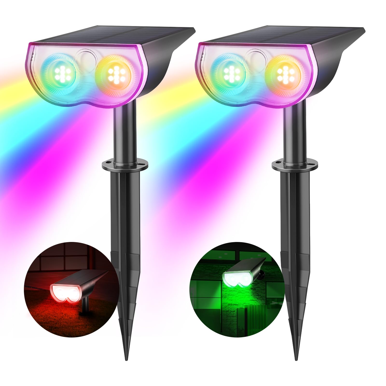 Photo 1 of Consciot Solar Spot Lights Outdoor, Halloween Decorations 22 LEDs IP67 Waterproof Color Changing Solar Outdoor Lights, 8 Colors, 2-in-1 Adjustable Wall Lights for Garden Yard Pathway, 2 Pack(RGB)