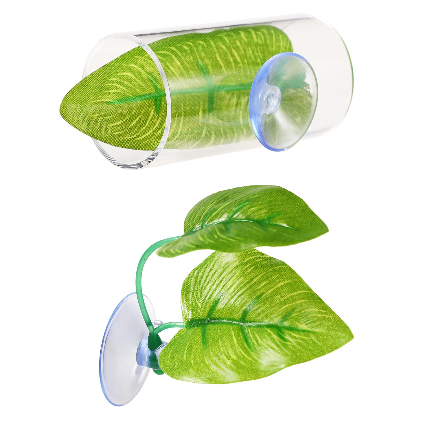 2pcs Betta Fish Tank Accessories, Betta Fish Acrylic Tube Tunnel Betta Fish Natural Habitat Betta Fish Leaf Pad Betta Fish Tank Decorations with Suction Cup for Aquarium Decorations