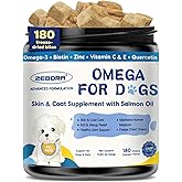 ZEBORA Salmon Oil for Dogs, Omega 3 Fish Oil for Dogs Skin and Coat with EPA & DHA, Zinc, Biotin, Quercetin, Vitamin C & E for Dog Allergy Relief, Hot Spot Treatment, Control Dog Shedding, 180 Chews