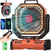 ADUST 12 Inch Camping Battery Operated Powered Fan with LED Lantern Light,44000mAh Rechargeable Portable Oscillating Fan with 360° Rotation Hanging Hook for Tents, Cordless USB Desk Fan(Orange)