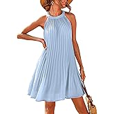 PRETTYGARDEN Women's Cute Halter Neck Sleeveless Mini Dress Solid Color Flowy Pleated Beach Dress Sundress
