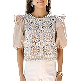 EZAPINE Women Crochet Crop Tops Summer Floral Eyelet Cute Ruffle Sleeve Round Neck Boho Dressy Casual T Shirts