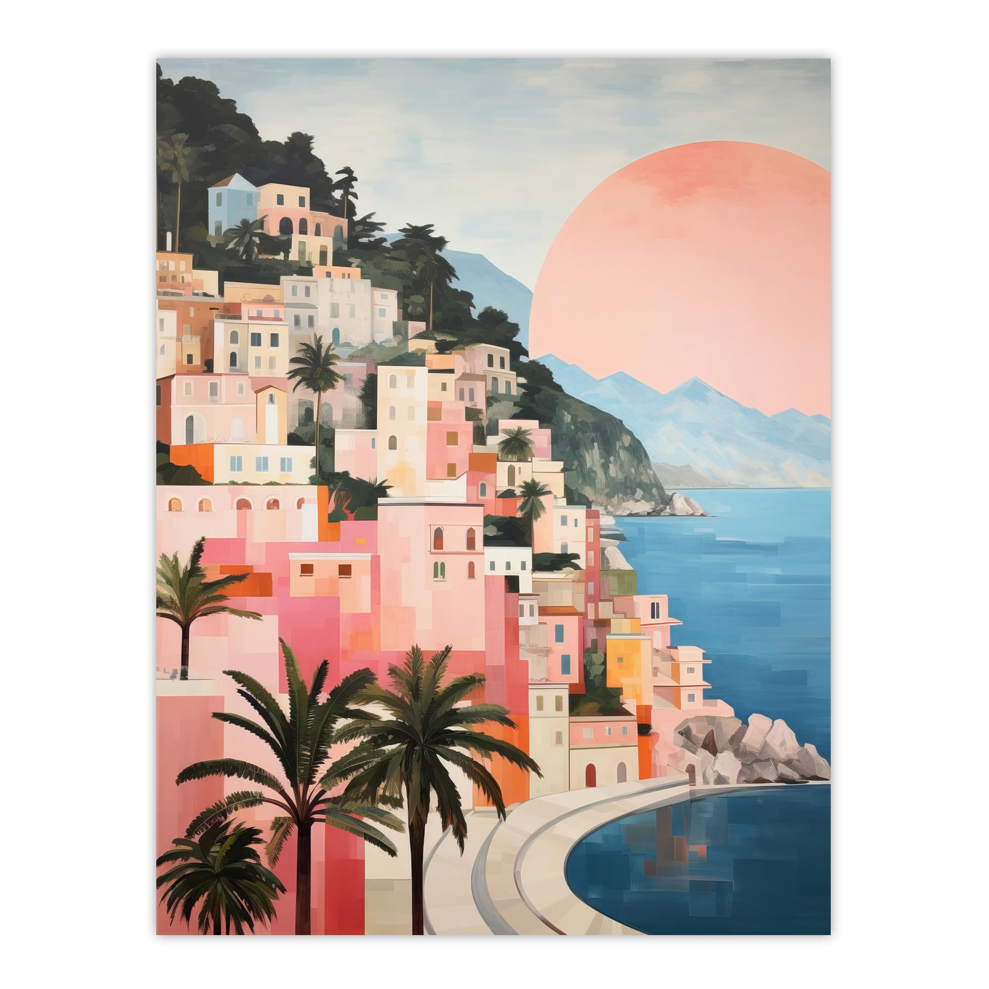 Wee Blue Coo Amalfi Sunrise Mediterranean Urban Landscape Oil Painting Pink Blue Green Coastal Cityscape Extra Large XL Wall Art Poster Print