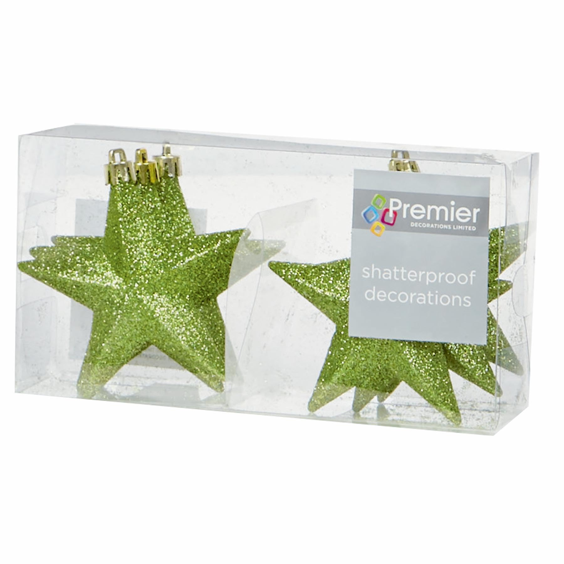 Shatterproof Christmas Stars 6 Pack 100mm Premier Christmas Tree Decoration, glitter Star Baubles (Green 6020)