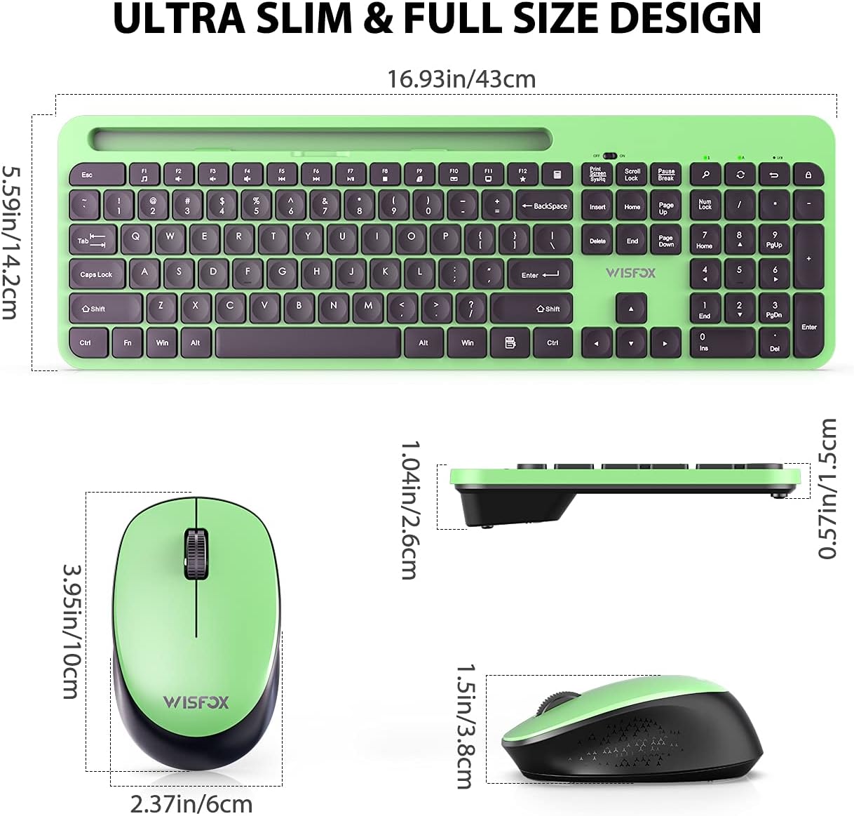 Wireless Keyboard and Mouse Combo, WisFox 2.4G Ergonomic USB Keyboard with Phone Holder, Full-Size Keyboard and Mouse Set for Computer, Laptop and Desktop(Green and Black): Computers & Accessories