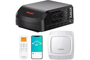 TURBRO RV Air Conditioner, 15,000 BTU Cooling with 1,500W Electric Heating, Non-ducted Rooftop Unit with Lift Handles, Ceiling Assembly with Atmosphere Lamp, 115V AC, Remote and WiFi-Controlled, Black