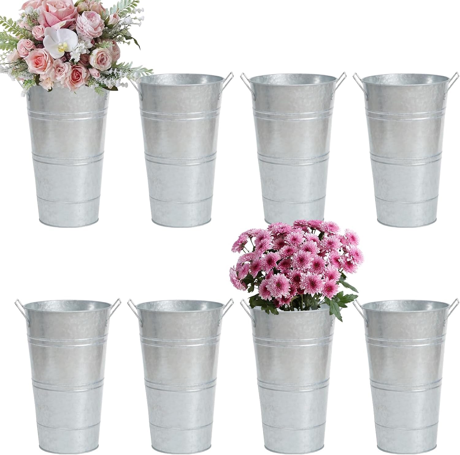 Photo 1 of FGGHFT 8 Pcs 10 Inch Large Galvanized Metal Vases Farmhouse French Flower Bucket Vases for Cut Flowers for Home D